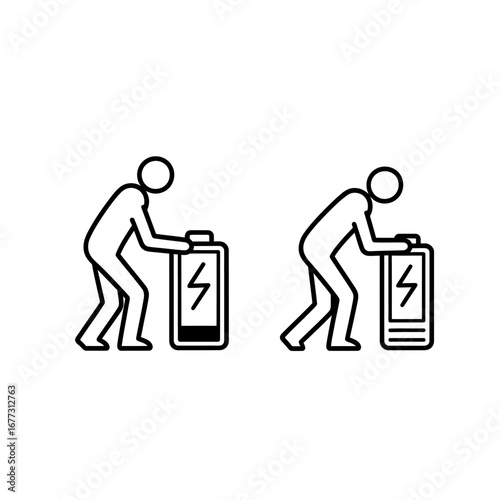 Line icons showing human power levels, a figure pushing a fully charged battery and a depleted figure pushing an empty one, illustrating burnout and motivation