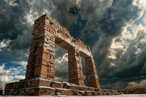 Ancient Stone Arch Ruins Against Dramatic Sunset Sky