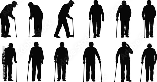 Old man silhouette, elderly person with cane, senior walking support, aging concept, healthcare design, retirement life vector illustration, disability aid