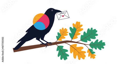 Creative crow delivering a love letter perched on an autumn branch with colorful leaves and sun symbol
