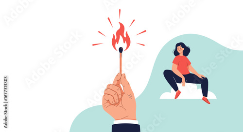 Igniting inspiration a hand holds a burning matchstick signaling a woman sitting on a cloud ready to create a new idea