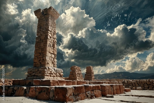 Ancient Stone Arch Ruins Against Dramatic Sunset Sky
