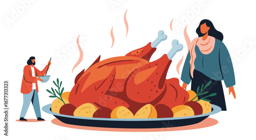 Delicious roasted turkey with potatoes and herbs served with family gathering celebration festive meal