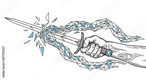 A stylized hand grips a sword breaking through a geometric crystal formation symbolizing power and transformation