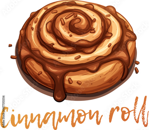 Sweet cinnamon roll vector icon isolated on a white background. Delightful cartoon illustration of a classic cinnamon roll with a rich, gooey frosting, drizzled with caramel sauce and decorated