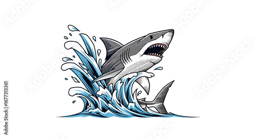 Great white shark breaching ocean waves dynamic underwater predator aquatic wildlife illustration