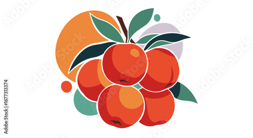 Vibrant still life arrangement of ripe red apples adorned with green leaves and abstract colorful circles offering a whimsical and artistic impression of autumn harvest bounty
