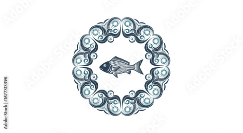 Intricate circular design featuring a detailed fish illustration inside surrounded by ornamental waves and swirls in a vintage style