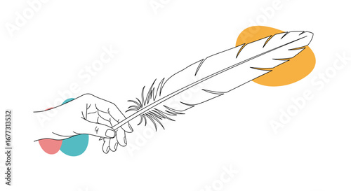 A hand gently holds a quill pen symbolizing creativity and the art of writing