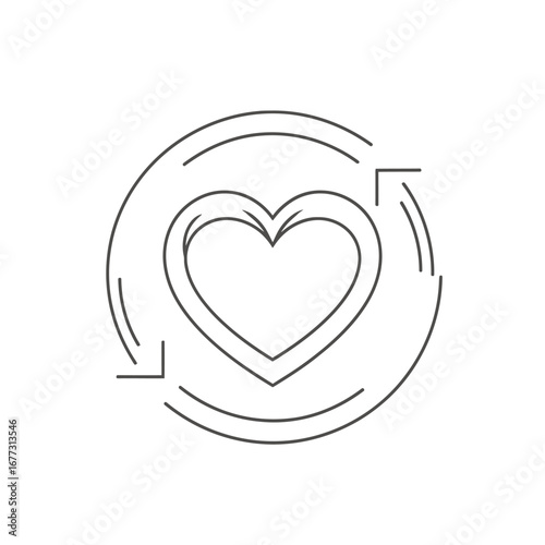 Abstract circular line art icon featuring a stylized heart symbol at its core, representing love and well-being