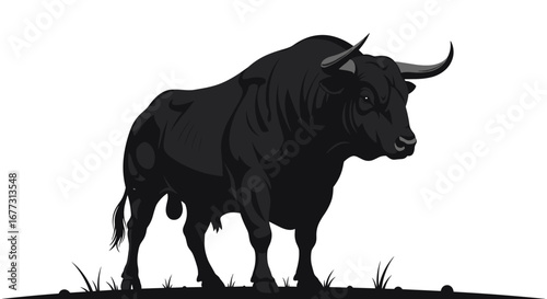 Powerful black bull standing strong on grassy ground full of determination and strength against a white background