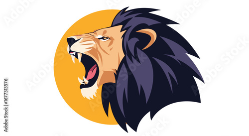 Powerful roaring lion head mascot with fierce expression and majestic mane against a sun backdrop