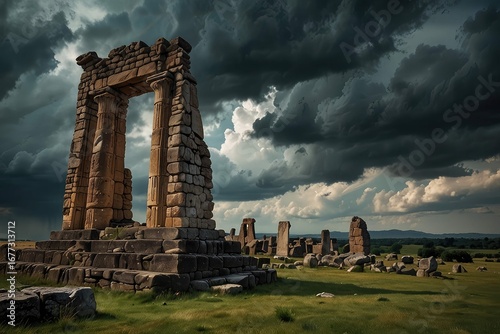Ancient Stone Arch Ruins Against Dramatic Sunset Sky