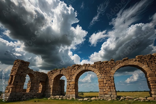 Ancient Stone Arch Ruins Against Dramatic Sunset Sky
