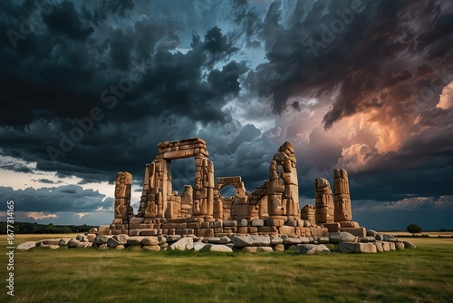 Ancient Stone Arch Ruins Against Dramatic Sunset Sky