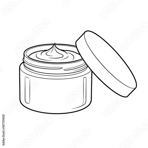 Simple line art drawing of an open cosmetic cream jar with a swirled, whipped texture, presented as a vector outline icon