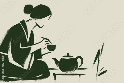 Woman tea ceremony brushstroke minimal vector illustration