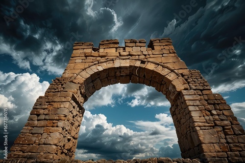 Ancient Stone Arch Ruins Against Dramatic Sunset Sky