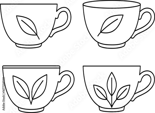 Teacup, leaf design, ceramic mug, minimalist style, kitchen decor, botanical pattern, vintage cup, tableware, home accessory, drinkware, elegant silhouette, tea lover, porcelain