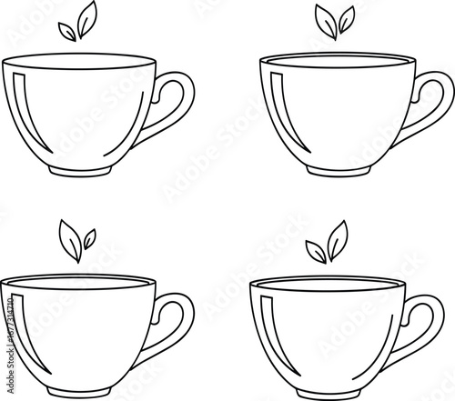Teacup vector, leaf icon, editable design, outline illustration, graphic interface, measurement box, design software, tea mug, minimal style, black line art, floral motif, grid layout, selection tool,