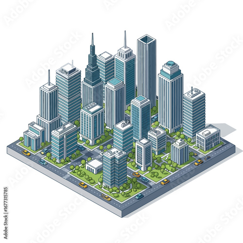 Isometric City with Modern Buildings and Green Parks