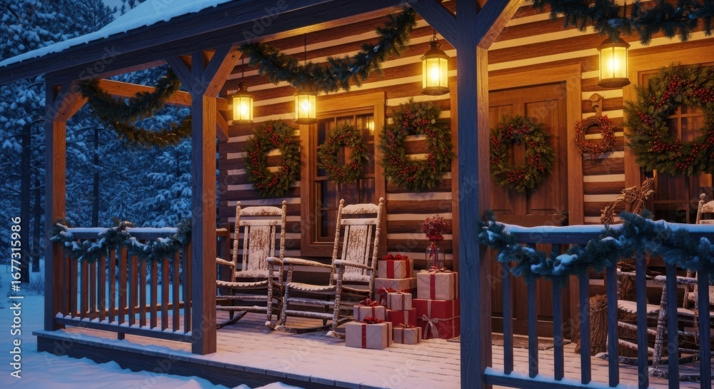 Fototapeta premium Cozy Log Cabin Winter Holiday Scene with Gifts and Garlands
