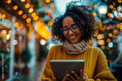 Happy female standing and using a tablet