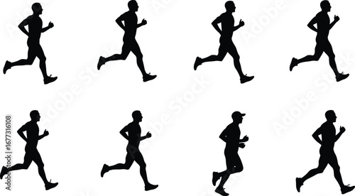 Running man silhouette, jogging athlete vector, marathon runner illustration, fitness training art, exercise workout concept, healthy lifestyle, sports activity design