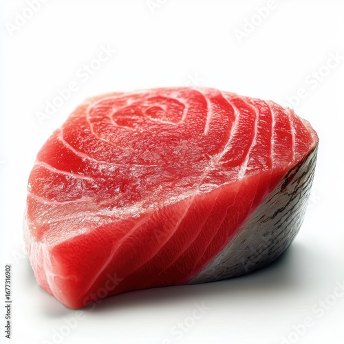 a sushi-grade yellowfin tuna cut, culinary illustration, hyper-realistic style, glossy texture, isolated on white background
