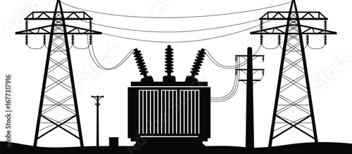 Electrical power station silhouette, high voltage transformer, electricity transmission towers, power grid network, energy infrastructure, industrial landscape, electric lines illustration