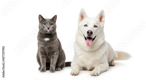Gray cat and white dog pets