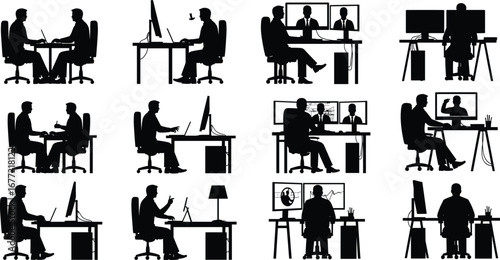 Silhouette of business meeting, office teamwork, video conference call, remote work discussion, corporate communication, modern workplace collaboration, professional business environment