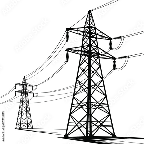 High voltage power lines, electricity pylon illustration, black and white energy concept, transmission tower artwork, electric infrastructure, industrial silhouette