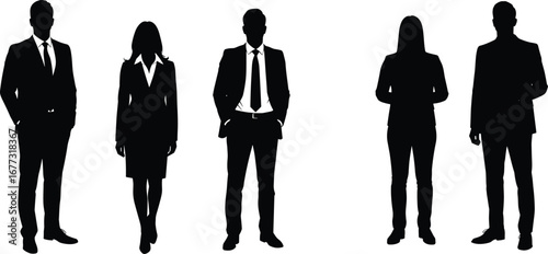 Silhouettes of corporate professionals standing in a row, business team in formal attire, leadership, teamwork concept, white background