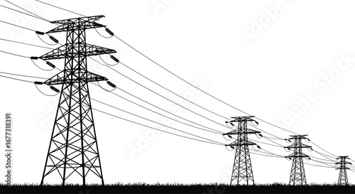 High voltage power transmission lines and electricity pylons, silhouette on grass field, energy infrastructure, isolated on white background, utility concept