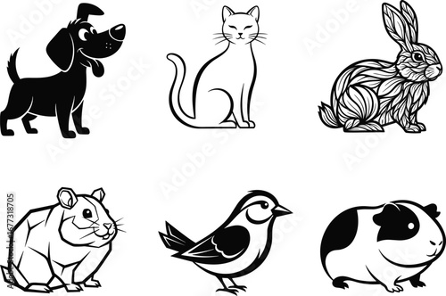 PrintCute pet animals vector illustration, includes dog, cat, rabbit, hamster, guinea pig, and bird clipart, perfect for kids, design, and decoration