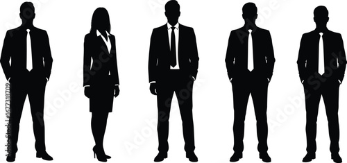 Silhouettes of diverse business professionals standing in formal attire, team collaboration, office staff, leadership concept, isolated white background