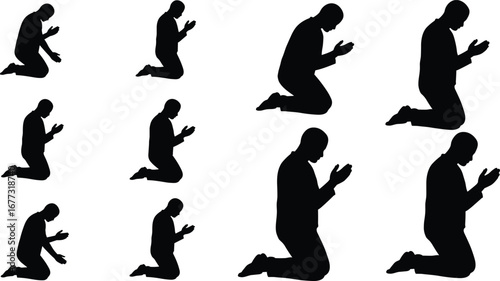 Silhouette of man kneeling in prayer, worship, religion, meditation, spirituality, faith, devotion, hope, believer, humble worship silhouette