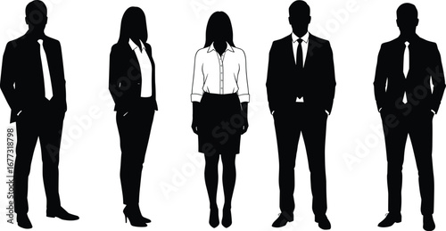 Silhouettes of diverse business professionals standing in formal attire, team collaboration, office staff, leadership concept, isolated white background
