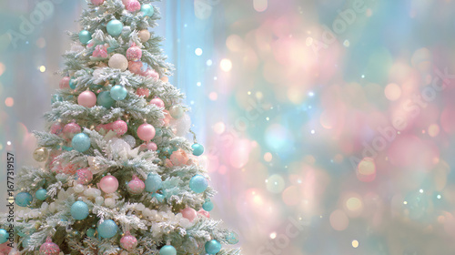 Beautiful decorated Christmas tree with pastel ornaments and festive lights on soft glowing bokeh background