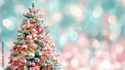Beautiful decorated Christmas tree with pastel ornaments and festive lights on soft glowing bokeh background