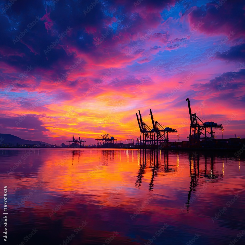 Obraz premium Vibrant sunset over a calm harbor, silhouetted industrial cranes reflecting in the tranquil water, creating a dramatic, colorful scene