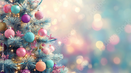 Beautiful decorated Christmas tree with pastel ornaments and festive lights on soft glowing bokeh background
