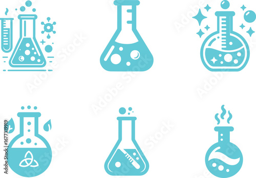 Diverse science laboratory flasks with chemical reactions, bubbles, and icons for innovation