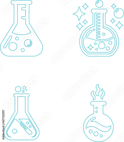 Vibrant chemistry lab flasks with bubbling liquids and sparkling effects for science concepts
