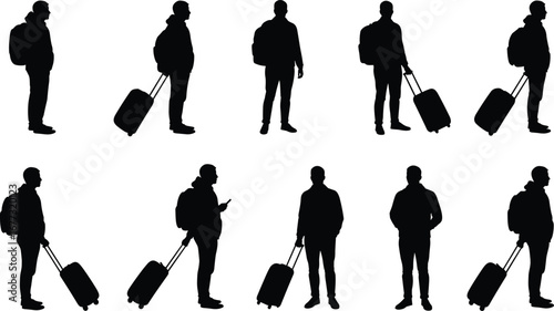 Silhouette of man traveler with luggage, walking, standing, waiting, airport, backpack, suitcase, journey, travel concept, vector black illustration