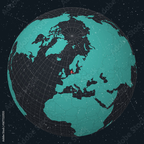 Denmark on Globe. Vintage look with grunge scratched texture. Country view on world map in Dark Charcoal Turquoise color palette. Denmark shape on map. Globe with meridians and parallels.