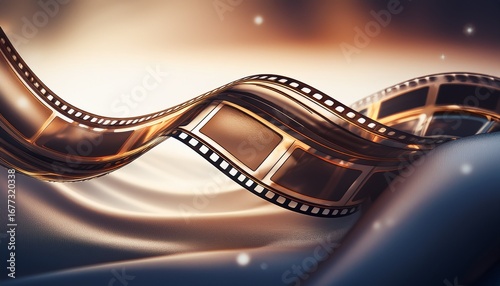 a flowing film strip gracefully weaves through a soft textured background evoking a sense of artistic storytelling and cinematic elegance in a minimalist style
