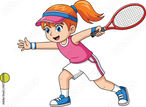 Cartoon girl playing tennis with racket, active child hitting ball, young athlete in sportswear, healthy lifestyle, outdoor game, fun sport illustration