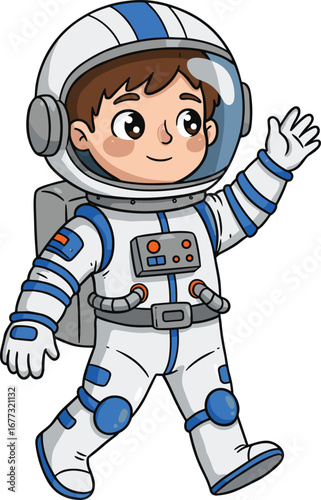 Cute cartoon astronaut boy illustration, space explorer character, child in spacesuit, cosmic adventure drawing, futuristic science fiction space art design